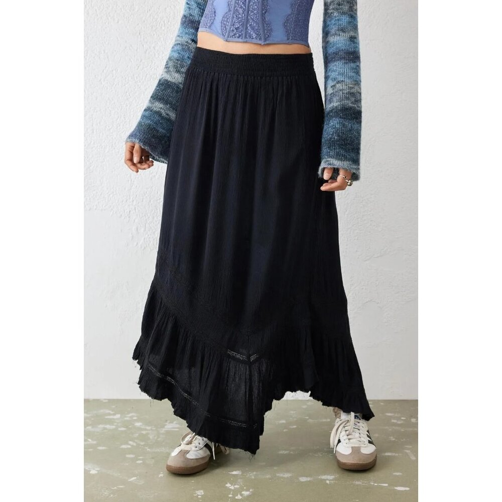 Urban Outfitters UO Black Crinkle Asymmetrical Prairie Maxi Skirt Lace S